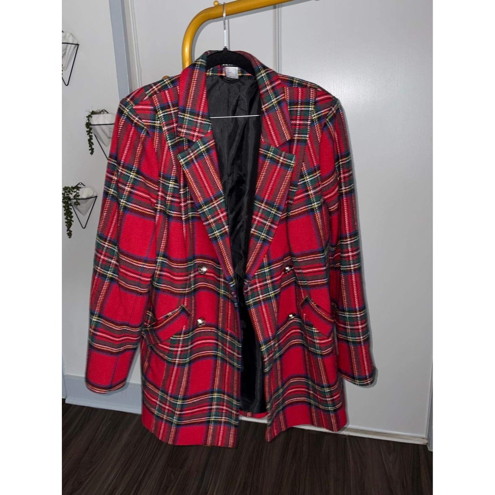 Venus Red Plaid‎ Double Breasted Blazer Jacket Tartan Silver Crest Buttons Sz 18